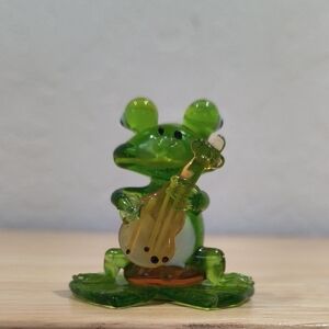Green Glass Frog Figurine with Guitar